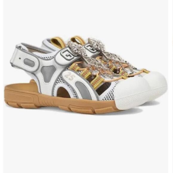 Gucci Fabric Mesh Tinsel Platform Embellished Dad Sandal EU 37 US 7 Velcro Strap - Picture 2 of 12